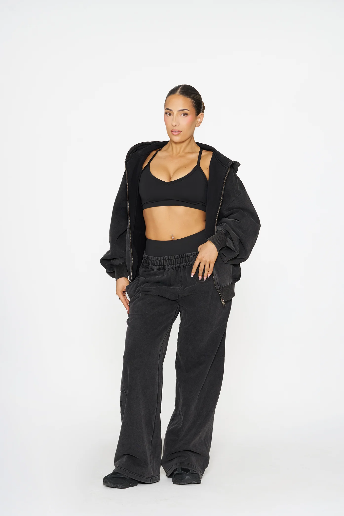 Embossed Zip Up Hoodie - Washed Black - Image 4